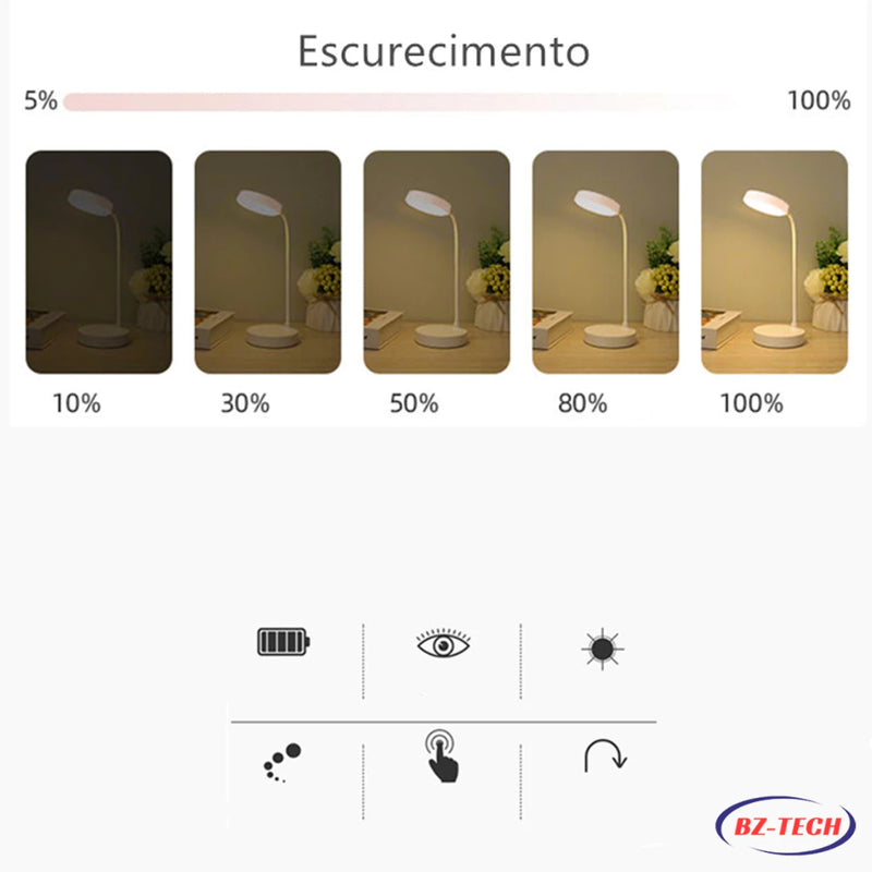 Luminária Abajur de Mesa LED Luz Recarregável Touch Haste Flexível Lâmpada De Estudo Sem Fio XZTD05