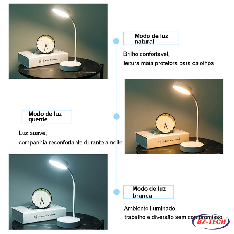 Luminária Abajur de Mesa LED Luz Recarregável Touch Haste Flexível Lâmpada De Estudo Sem Fio XZTD05