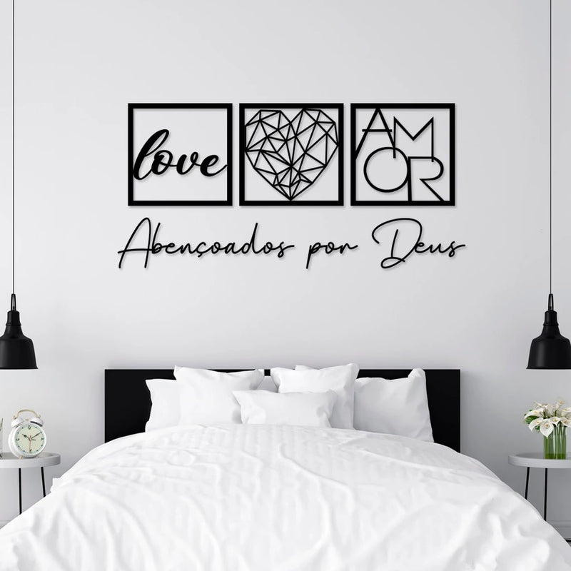 Kit 3 Quadros Decorativos Abençoados por Deus Love e Coração Geométrico Amor + Frase para Quarto Sala feito em MDF