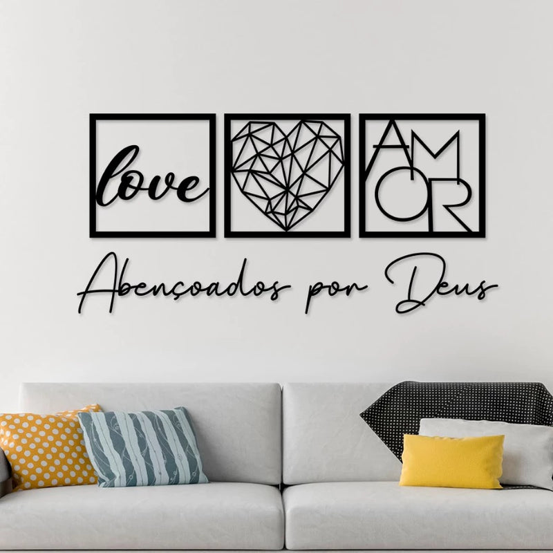 Kit 3 Quadros Decorativos Abençoados por Deus Love e Coração Geométrico Amor + Frase para Quarto Sala feito em MDF