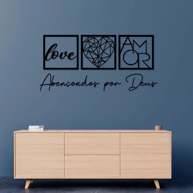 Kit 3 Quadros Decorativos Abençoados por Deus Love e Coração Geométrico Amor + Frase para Quarto Sala feito em MDF