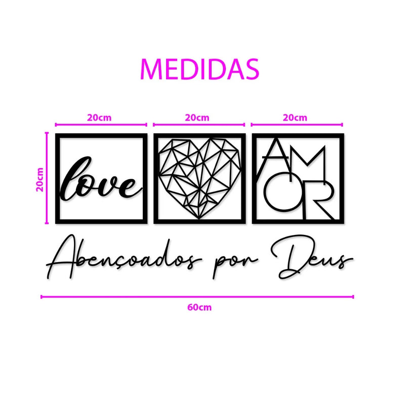 Kit 3 Quadros Decorativos Abençoados por Deus Love e Coração Geométrico Amor + Frase para Quarto Sala feito em MDF