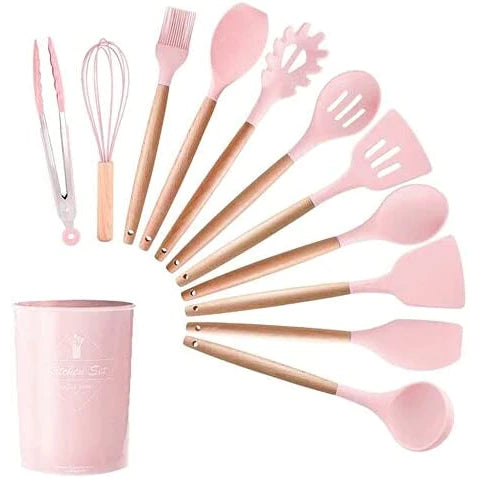 KIT de Utensílios Para Cozinha em Silicone e Bambu 12 Peças