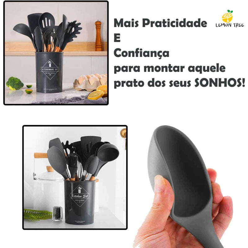 KIT de Utensílios Para Cozinha em Silicone e Bambu 12 Peças