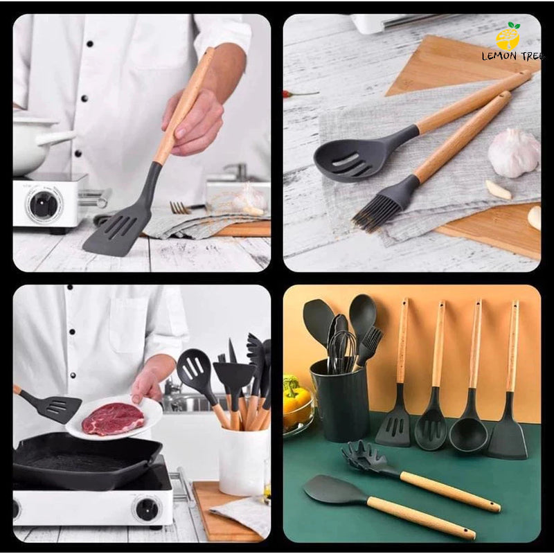 KIT de Utensílios Para Cozinha em Silicone e Bambu 12 Peças