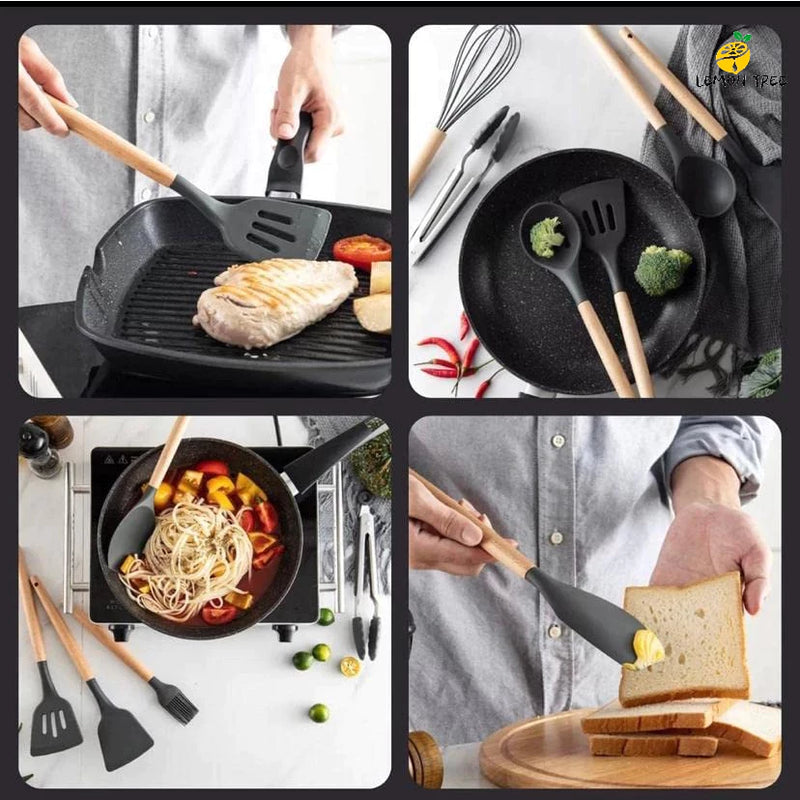 KIT de Utensílios Para Cozinha em Silicone e Bambu 12 Peças