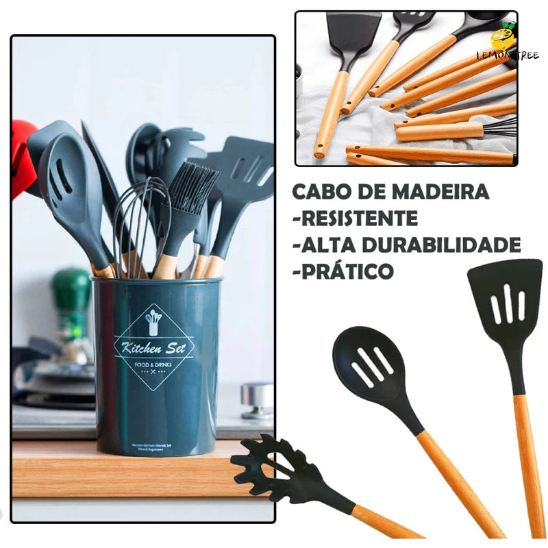 KIT de Utensílios Para Cozinha em Silicone e Bambu 12 Peças