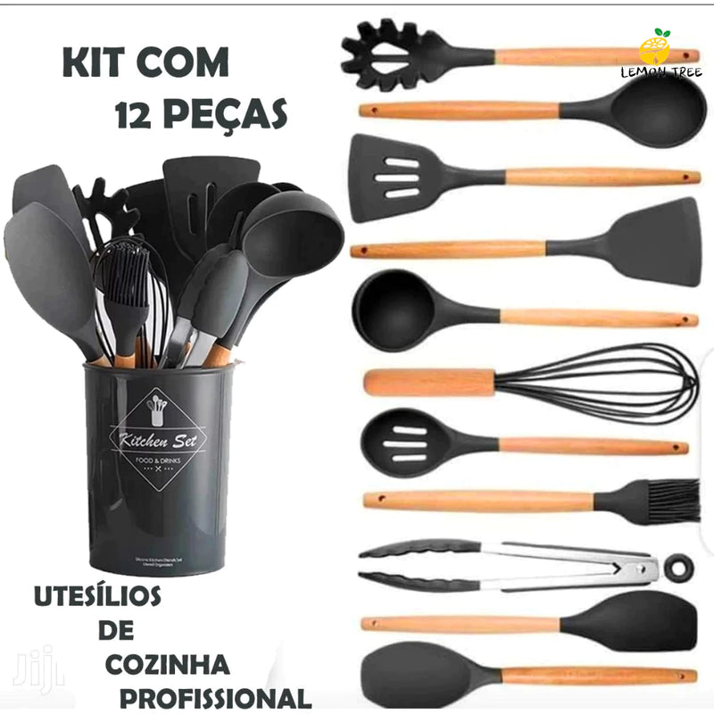 KIT de Utensílios Para Cozinha em Silicone e Bambu 12 Peças