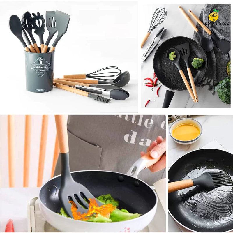 KIT de Utensílios Para Cozinha em Silicone e Bambu 12 Peças