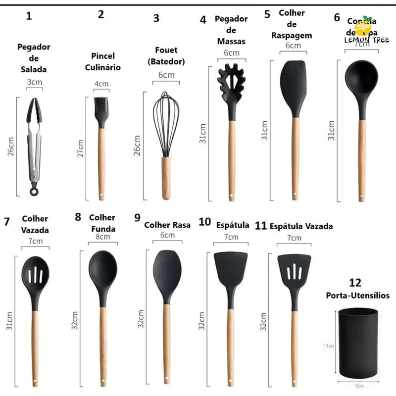 KIT de Utensílios Para Cozinha em Silicone e Bambu 12 Peças